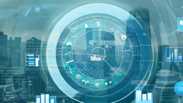 Urban skyline with digital overlay showcasing technological advancements and smart city features