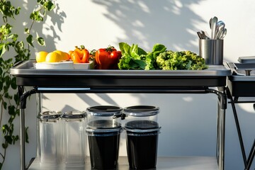 Produce, containers, and utensils on a cart.