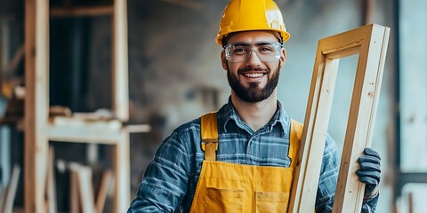 Portrait of a male carpenter standing confidently in a workshop, holding a wooden frame