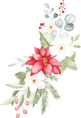Watercolor Floral Bouquet with Poinsettia and Winter Leaves