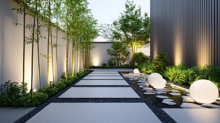 Obraz premium Tranquil Modern Garden Pathway with Bamboo, Stones, and Soft Lighting at Dusk