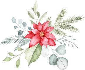 Watercolor Floral Bouquet with Poinsettia and Winter Leaves