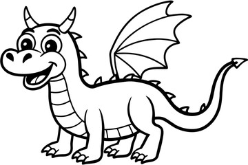 A black and white cartoon line art drawing of a dragon with wings
