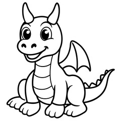 A black and white cartoon line art drawing of a dragon with wings