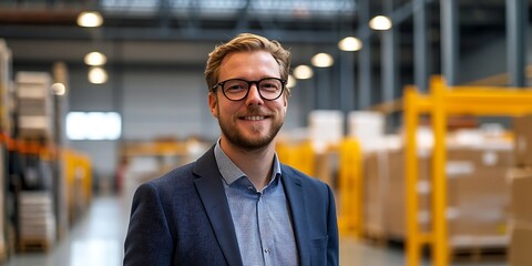 Dutch male logistics coordinator standing proudly in a busy warehouse