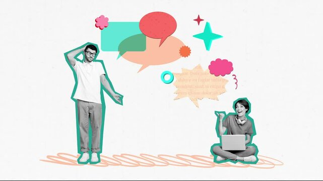 Creative motion sketch collage video of two happy puzzled guy girl hold laptop chat communication messenger dialogue
