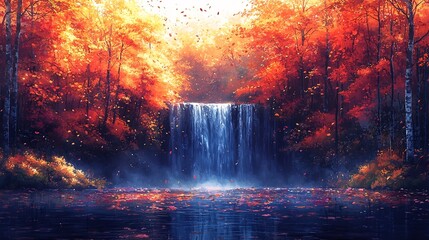 Fototapeta premium Vibrant Autumn Forest Waterfall Surrounded by Colorful Foliage Under Bright Sun