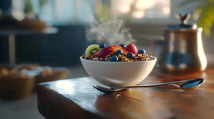 A bowl of cereal with fruit in it sits on a wooden table