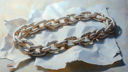 Obraz premium A silver chain rests on crumpled white paper, creating an evocative image of fragility and strength.