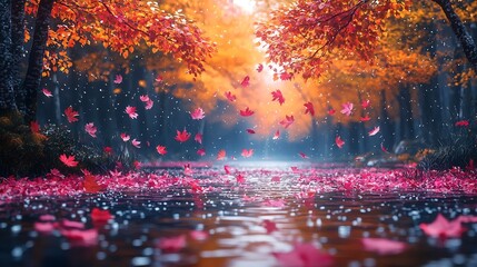 Magical Autumn Forest with Vibrant Falling Leaves in Tranquil River Scene