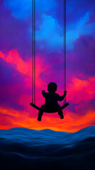 Silhouette of a child enjoying the freedom of swinging high above a vibrant ocean sunset, creating a sense of immersive tranquility and boundless imagination