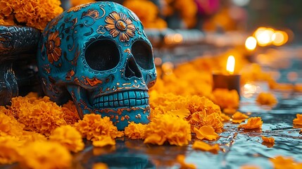 Close-up of a Day of the Dead altar featuring colorful marigold petals, candles, and intricate sugar skulls, in honor of the departed 