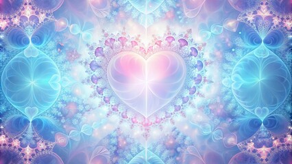 Serene Pastel Heart Mandala An ethereal, symmetrical design featuring a radiant heart at its center, surrounded by intricate, flowing patterns in soft blue and pink hues.