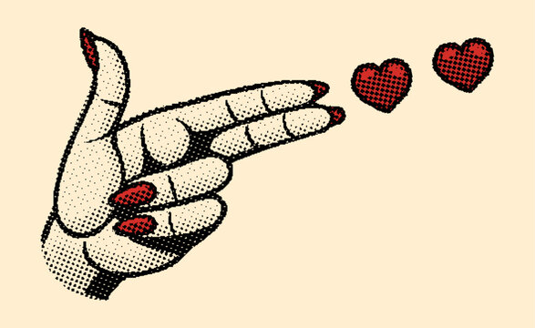 hand gun gesture aiming the hearts, comic retro halftone style illustration