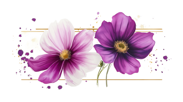 Watercolor hand-drawn cosmos flower gold frame in trendy color viva magenta. isolated on a white background - Powered by Adobe