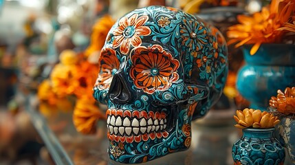 Close-up of a Day of the Dead sugar skull decorated with intricate designs and colorful patterns, honoring the memory of the departed 