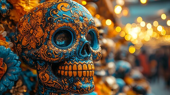 Close-up of a Day of the Dead sugar skull decorated with intricate designs and colorful patterns, honoring the memory of the departed 
