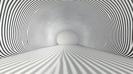 Obraz premium Abstract black and white striped tunnel leading to a bright white room.