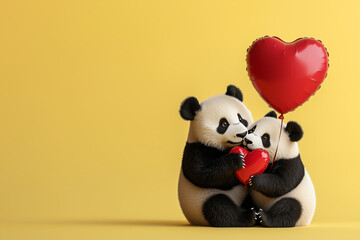 AI Image. Two pandas in love with heart shaped balloons on a yellow banner