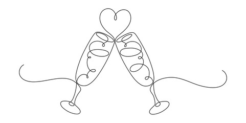 Two glasses of champagne with heart. Love, wedding frame border. Continuous line drawing.