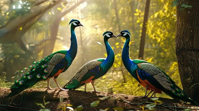 Majestic Peacocks in the Forest: Three vibrant peacocks stand together on a fallen log in a sun-dappled forest, their iridescent plumage shimmering.