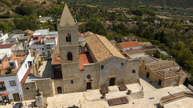 Aerial view of the church of San Bernardino da Siena located in the historic center of the town of Bernalda, in the province of Matera, Basilicata, Italy.