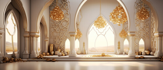 Fototapeta premium generated Illustration mosque element in ornate arabic, Islamic architecture style interior.
