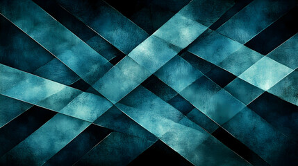 Abstract teal and dark blue intersecting diagonal stripes on grunge textured background.