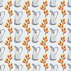 Colorful watercolor tulips and pitchers create a seamless pattern for fabric and packaging