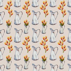 Watercolor tulips and pitchers seamless pattern for textile and wrapping paper design