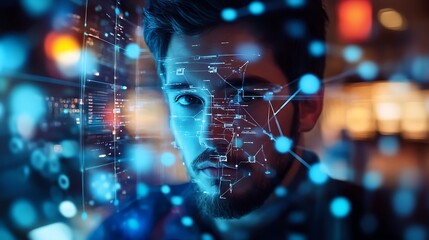 Man's face overlaid with futuristic digital data, illustrating technological advancements and the human-computer interface.