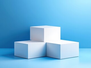 Three white geometric cubes on a blue background for minimalistic design elements