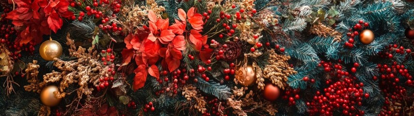 Festive Christmas Decorations with Red Flowers and Green Foliage