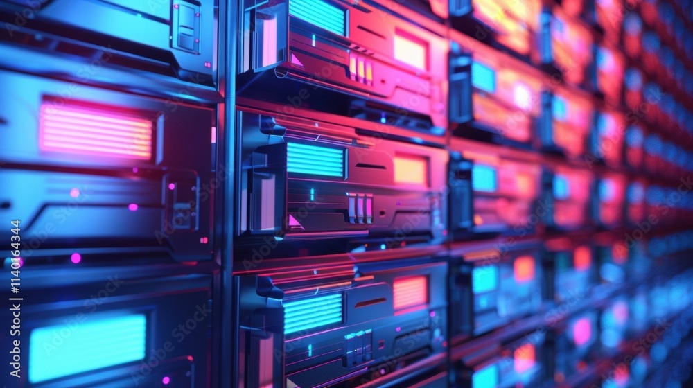 Poster server racks illuminated by vibrant neon lights, managing and processing vast amounts of big data in