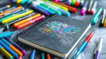 Colorful markers and a decorated sketchbook surrounded by vibrant stationery create an artistic atmosphere. Generative AI