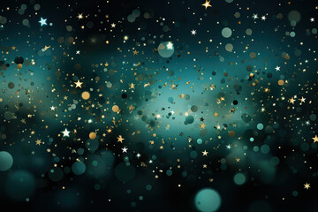 Fototapeta premium A captivating image of shimmering gold stars scattered across a deep teal backdrop with soft bokeh. Ideal for celebrations, holidays, or magical themes.