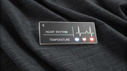 Smart clothing is displaying heart rhythm and temperature data on a small screen embedded in the fabric, showcasing the future of wearable technology and personal health monitoring