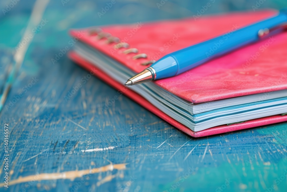 Leinwandbilder bright pink notebook and blue pen resting on a rustic wooden table with an inviting atmosphere for c