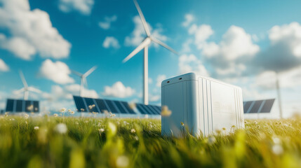 Concept of energy storage batteries system, wind power, wind turbines and Li-ion battery container, and solar panels in the background