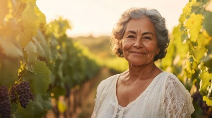 Middle-aged woman harvesting grapes.