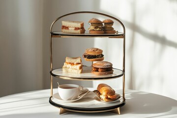 Three-tiered stand; pastries, sandwiches, teacup.