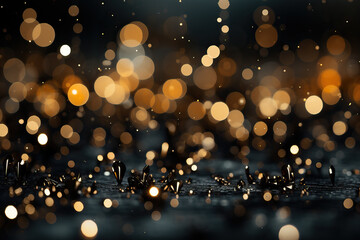 Abstract scene with dark background, shimmering golden bokeh lights, and dynamic liquid droplets. A captivating blend of light, shadow, and texture creates a luxurious and mysterious atmosphere.