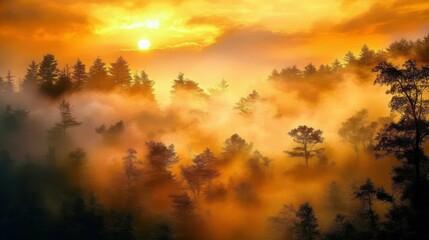 Fototapeta premium Sunrise over a misty forest, warm colors, peaceful and serene, natural and untouched, early morning tranquility, atmospheric and soft.