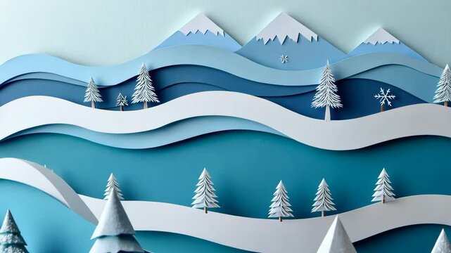 A blue and white paper mountain scene with trees and snow