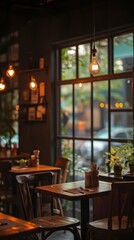 Fototapeta premium cozy cafe with rustic wooden furniture, warm lighting, and inviting atmosphere, focus on charm and relaxation