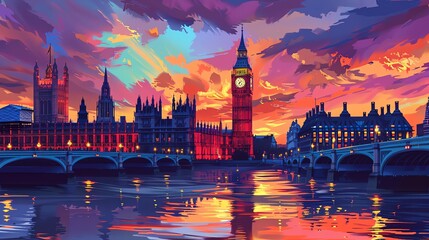 Naklejka premium A colorful illustration of Big Ben and the Houses of Parliament in London, England, at sunset.