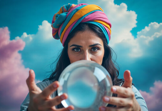 Fortune teller with a magical glowing ball. The concept of clairvoyance