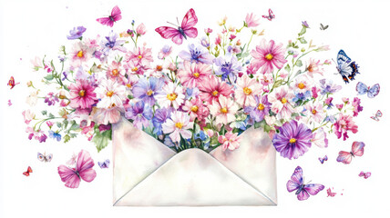 A detailed illustration of vibrant, colorful flowers blooming from an open envelope, with delicate butterflies fluttering around, set against a soft, light background.