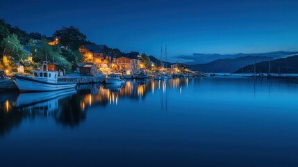 Fototapeta premium Small harbor at dusk with soft lights reflecting on calm waters, boats gently swaying in the evening breeze.