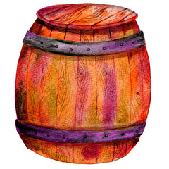 wooden barrel, hand painted with watercolors, brown with metal, with lid, for wild west game or party decoration